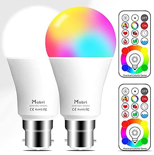 Mobri B22 LED Colour Changing Light Bulbs with Remote Control, 75 Watt Equivalent Bayonet Dimmable Colour Bulbs with Timing, Memory & Sync, 120 Multi RGB Colours + Daylight White,2 Pack