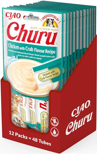 INABA Churu Puree Katzenleckerlis Creamy Snacks, Hochwertige Proteine mit Huhn & Krabben 56 g (12er Pack), Katzensnacks in Premium Qualität