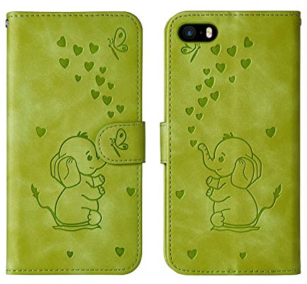 Bartern Flip Case for iPhone 5/iPhone 5s/iPhone SE,Cute Elephant PU Leather Folio Flip Wallet Phone Case Cover with Card Holder Magnetic Closure and Stand Feature for iPhone 5/5s/SE(2016),Green