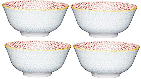 KitchenCraft Set of 4 Glazed Stoneware Bowls with Geometric Pattern, Bright Red & Blue Ceramic Bowls with Footed Base, Microwave & Dishwasher Safe, 15.7 cm (6) Blue Geo
