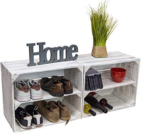 Holzkisten Shabby weiss Schuhablage Schuhständer DIY Upcycling Regalbau Schuhaufbewahrung für Kinder und Erwachsene stabiles Regal in Obstkisten Weinkisten Optik (Shabby weiss Längs, 2er Set)
