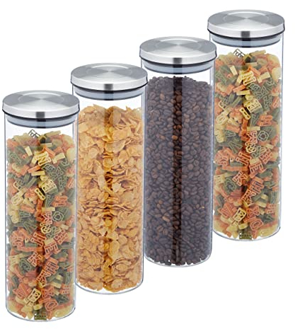 Relaxdays Vorratsgläser 4er Set, 1,6 L, luftdicht, Edelstahldeckel, Vorratsdose für Küche, Nudelglas, transparent/silber, 28 x 9,5 x 9,5 cm
