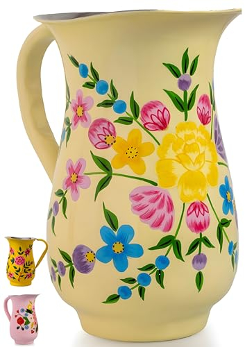 Wasserkrug aus Edelstahl, handbemalt, großer Metall, für kalte Getränke, Blumen-Design, Getränkekaraffe für Unterhaltung und Heimdekoration. 20,3 cm hoch, dekorative Vase. (cremefarben)