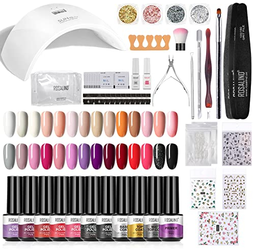 ROSALIND Gel Nagellack Starterset Mit UV Lampe 48W, 28x Mini Lacken, Shellac Kit, Nail Art Manicure Set Mit Base und Top Matte Coat