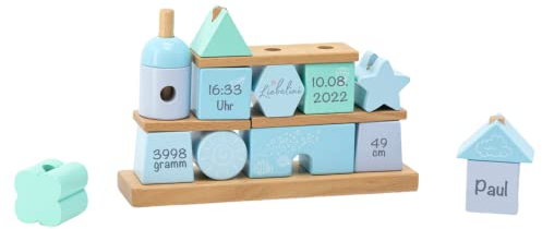 Liebelini Steckspiel Haus blau I Personalisiertes Geschenk zur Geburt I Handmade Holzspielzeug I Personalisierte Geschenke Baby I BellasTraum I Stapelturm mit Name & Geburtsdaten für Jungs (Blau)