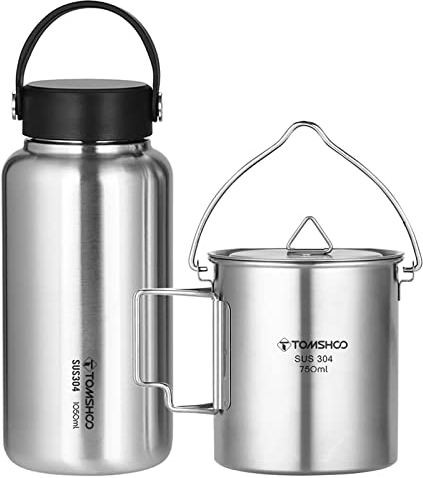 ERYUE 1050ml Stainless Steel Water Bottle Leak Proof Sports Bottle with 750ml Water Cup Coffee Mug Hanging Pot for Outdoor Camping Hiking Backpacking Fishing