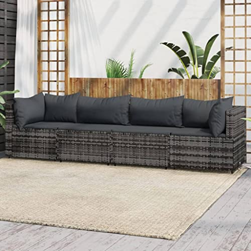 Hommdiy Gartenmöbel Couch-Set Ecksofa 4 TLG. Garten Lounge Set mit Kissen Grau Poly Rattan