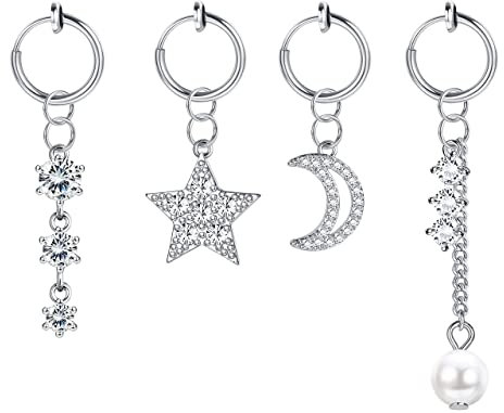 Sllaiss 4pcs Faux Piercing au Nombril 16G Clip en Acier Inoxydable avec Pendentifs Trendy Moon Star Crown Love Heart Dangle