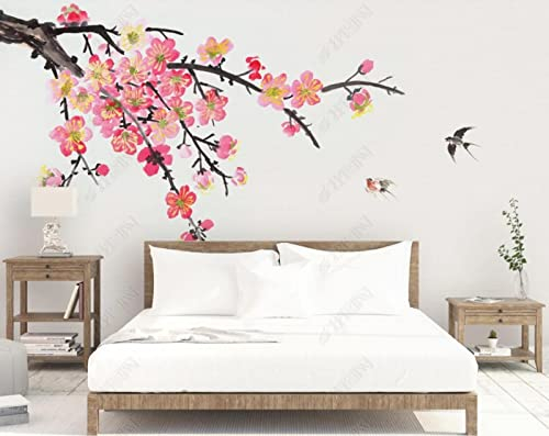 Fototapete 3D Effekt Tapete Aquarell Zweige Blumen Vögel 3D Tapeten Wandbilder Wohnzimmer Schlafzimmer Kinderzimmer Dekoration Wanddeko