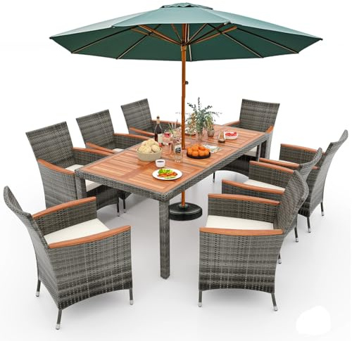 GYMAX Table de Jardin avec 8 Chaises, Salons de Jardin Extérieur Rotin pour 8 Personnnes, Table à Manger avec Trous pour Parasol en Bois d’Acacia, Siège Confortable avec Coussins(Gris)
