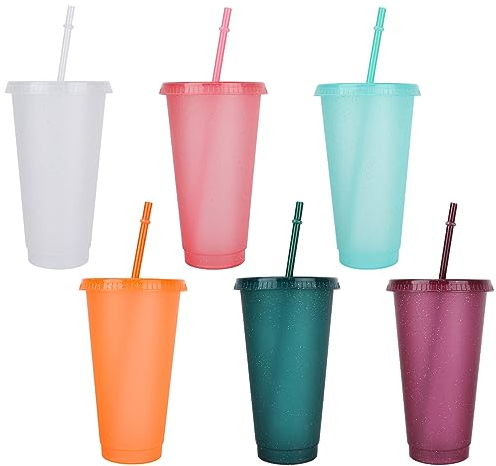 QKURT 6 pezzi Bicchiere con Cannuccia e Coperchio,24oz bicchieri di plastica riutilizzabili con coperchi e cannucce,Durevole viaggio partito Tumbler tazze per Bambini e Adulti