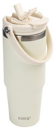 SUNTQ 850ml/30oz Tumbler mit Griff und Flip Stroh, Isolierte Edelstahlbecher mit auslaufsicherem 2-in-1-Deckel, wiederverwendbare doppelwandige Wasserflasche, Portable Kaffee-Reisebecher(Off-white)