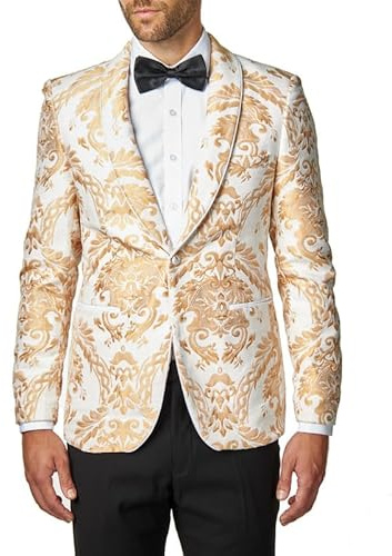 Xposed Mens Peach Paisley Brocade Print on Ivory Cream Jacquard Jacket Tailored Fit Wedding Blazer [BLZ-311-WHITE-38]