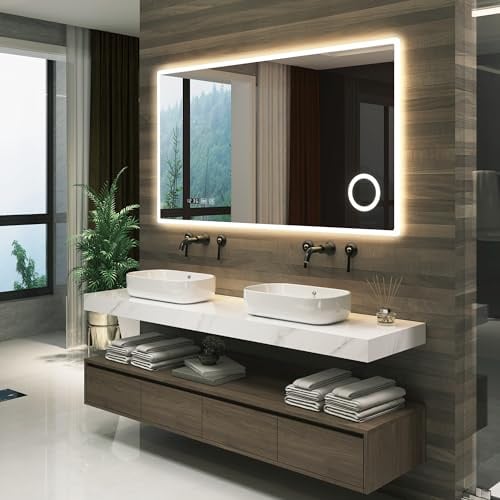 pro.tec LED Badspiegel Racale Schminkspiegel mit Beleuchtung 3 Lichtfarben horizontal Wandspiegel für Badezimmer rechteckig 100 x 70 cm Weiß beschlagfrei Lichtspiegel mit Lupe Uhranzeige