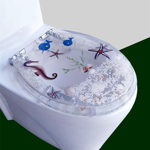 FUNRIN Toilettendeckel, WC-Tankabdeckungen, Transparenter Harz-WC-Sitz Echte Muscheln und Sande Anti-Bakteriell Einstellbare Edelstahl-Scharnier-WC-Deckel-Abdeckung Langsam Soft Close Top Mount,4