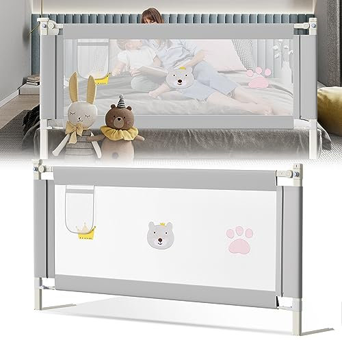 Ansobea 150cm Bettgitter｜Bettschutzgitter für Kinder｜Kinderbettgitter faltbar Kleinkindgitter｜Kinderbettschutz zur Absturzsicherung｜Einfach zu Montieren｜Grau Bestickte Ausführung