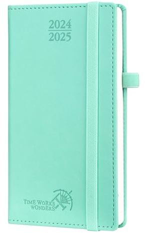 POPRUN Taschenkalender 2025 Klein 16,5 x 9 cm (Aug.2024-Dez.2025) - Kalender 2025 Klein mit PU-Leder - Terminplaner, Planer 1 Woche 2 Seite mit Stiftschlaufe - Mintgrün