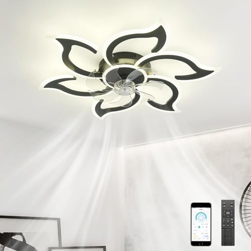 LJX Lámpara Ventilador Techo Salon Silencioso Dc 88cm Ventilador Techo con Luz Diseño 6800ml 6 Velocidades Temporizador Regulable Función Memoria Flor Ventilador para Dormitorio, Negro