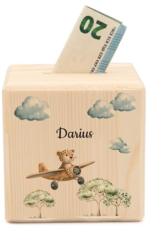 Geschenkfreude Spardose personalisiert mit Namen aus Holz - 10x10cm Holzspardose mit Schloss - UV-Druck Spardosen mit Namen - Taufgeschenke für Junge/Mädchen - Geschenk zur Geburt - Leopard Flugzeug
