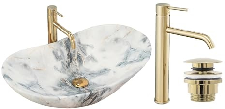 GTM Design Aufsatzwaschbecken Set mit Waschtischbatterie und Stopfen - Aufsatzwaschbecken Oval für Badezimmer - Modern Waschbecken ohne Hahnloch - Waschbecken mit Armature - Modell 6