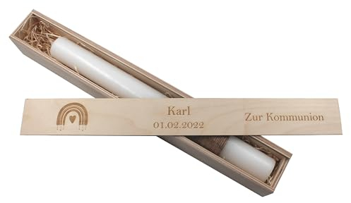 Kerzenbox personalisierbar mit Namen Kerzenboxen personalisiert Kommunionskerzen-Box Aufbewahrungsbox für Deine Taufkerze Konfirmation oder Kommunionskerze Stabkerze 50cm Regenbogen