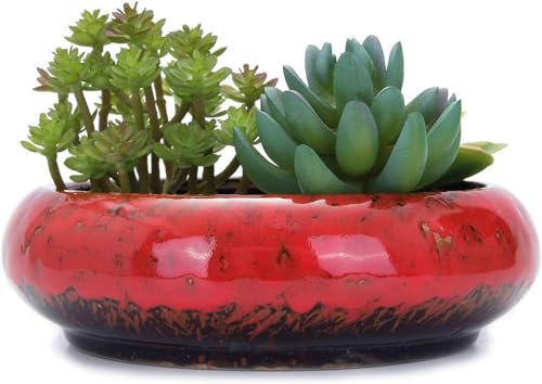 Macetas redondas grandes de cerámica esmaltada para suculentas de 7.3 pulgadas con agujero de drenaje, macetas de bonsái decorativas para jardín, soporte de cactus (rojo)