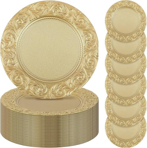 NIDAYE Gold Charger Plates Bulk 50Pcs Set - 33cm Diameter Plastic Decorative Round Plate with Embossed Rim, for Wedding Party Decoration(Reusable)