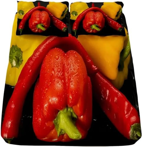 TACOKI 3D Chili Spannbettlaken 180x200cm, Rote Chili Weiches Mikrofaser Bettlaken für Erwachsene, Bettlaken Spannbetttuch 180x200 bis 30 cm Matratzenhöhe mit 2 kissenbezüge a9876