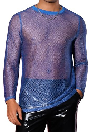 Lars Amadeus Glitter Mesh T Shirt for Men's See Through Long Sleeve Clubwear Party Sparkly T-Shirt Blue S