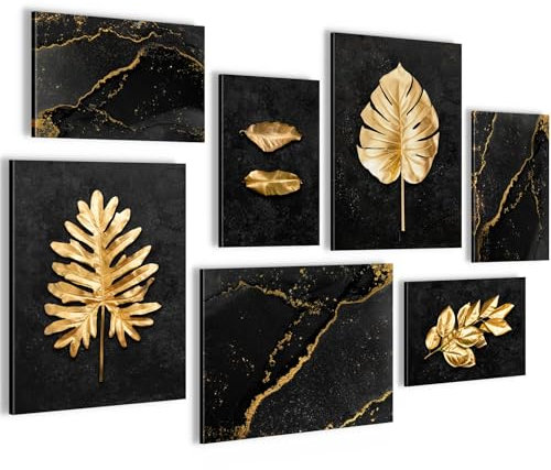 Novart Wandbilder Goldene Blätter - KOMPLETT AUFHÄNGFERTIG - Schwarz Gold Wohnzimmer Schlafzimmer Flur - 7 Moderne Mood-Bilder - N033271a