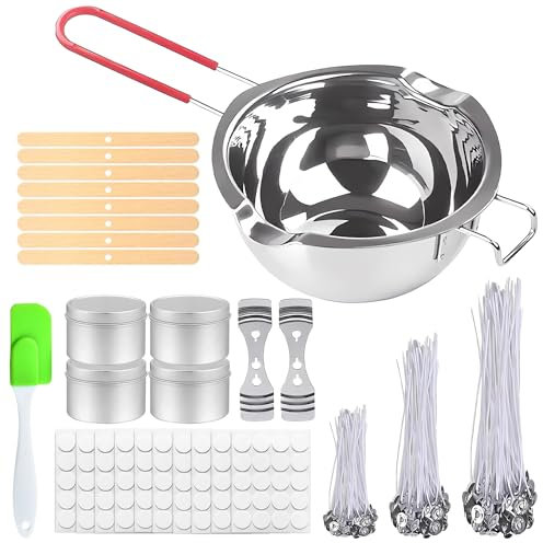XIAQICA Kit Candele Fai da te 210 Stoppini per Candele 2 Piastre Fisse 10 Fogli Nastro Bbiadesivo 8 Assi di Legno 1 Recipiente per Sciogliere Cera 1 Raschietto in Silicone