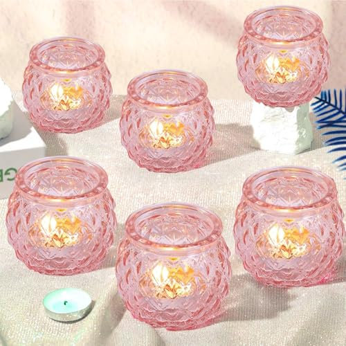 12 Pcs Bougeoirs en Verre pour Bougies Chauffe-Plat, Bougeoirs Transparents pour Bougies Chauffe-Plat pour Centre de Table, Mariage, décoration d'intérieur (Rose)