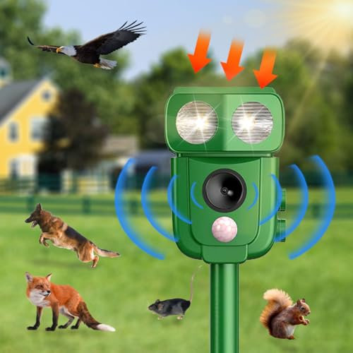 WUGEIN Ultrasónico Ahuyentador Pare Animales, Repelente Palomas Ultrasónico Solar, Repelente para Gatos Exterior, Ultrasónico Ahuyentador de Perros, Palomas, Pájaros, Ratones, Zorros