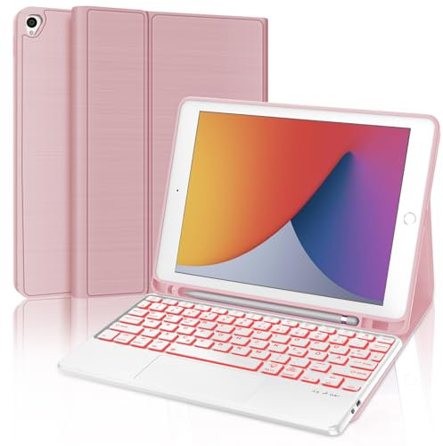 WINCHKING iPad 9 Generation Hülle mit Tastatur 10,2 Zoll für iPad 9/8/7 Gen - 7 Farben Beleuchtete Kabellose Abnehmbare mit Touchpad, Flexibles TPU Hülle mit Stifthalter, Deutsch (Rosa-Touchpad)