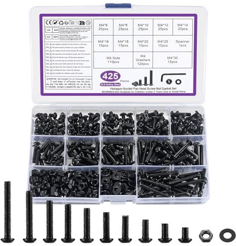 Lot de 425 vis M4 à six pans creux - Vis filetées noires avec écrous et rondelles - Vis à tête bombée et écrous de vélo - Avec clé