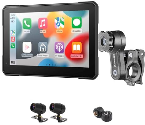 INTERPHONE - SYNC70 Display 7 Moto Carplay - Android - Rilevamento angolo cieco - Doppia telecamera - Rilevamento Pressione Pneumatici - SD card, Fissaggio Quiklox - Alimentazione 12V DC o USBC