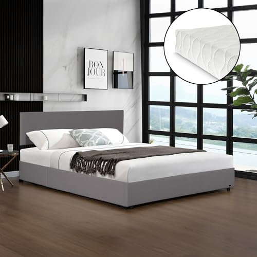 Corium Polsterbett Juva mit Matratze Bettgestell mit aufklappbarem Lattenrost Bettrahmen Cord Schlafzimmer 140x200 cm Grau