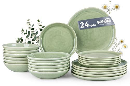 GBhome Steingut Geschirrset 6 Personen, 24-tlg Reaktive Glasur Handarbeit Geschirr Set, Mikrowellen- & Spülmaschinenfest Schüssel- und Teller Set, Ruhiges Grün
