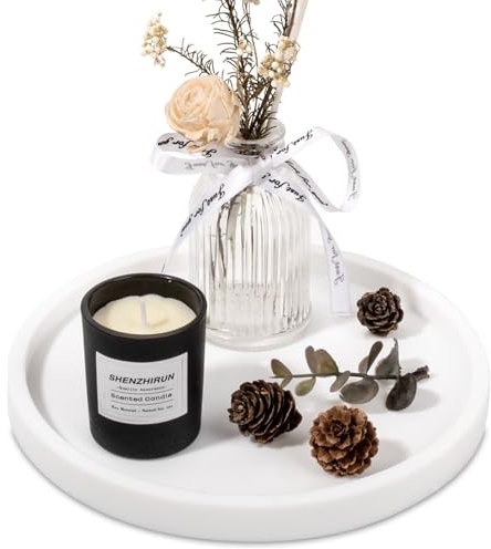 Silicone Bathroom Tray Round Vanity Tray Decorative Soap Holder Kitchen Countertop Organizer Coffee Table Decor for Candle, Perfume, Plant, 8 Inch, White