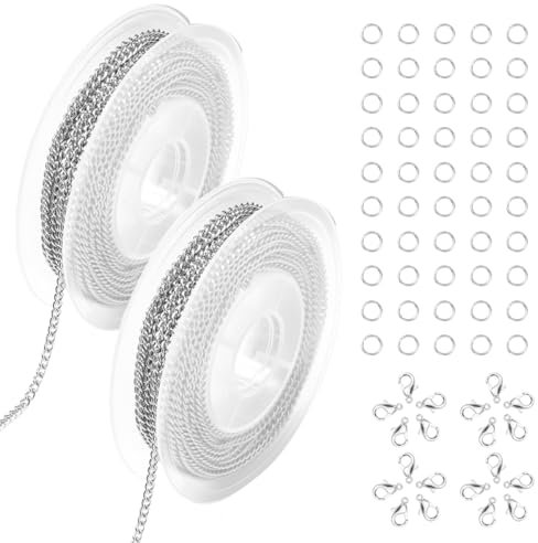 6m Catenine per Collane, Argento Filo per Collane, Catenine per Collane Fai da Te, Con 20 Chiusure a Moschettone e 100 Anelli di Giunzione, Realizzare Bracciali, Collane (Argento, 2×3MM)