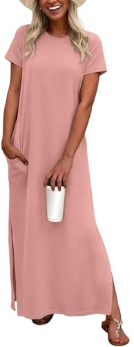 QIXING Women's Elegant Summer Maxi Dress with Pockets UK Holiday & Travel Outfits Split Hem Short Sleeve Wrinkle Free Dress