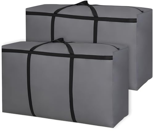 2 Stück 180L Extra Große Aufbewahrungstasche, 600D Oxford Heavy-Duty Umzugstaschen mit Reißverschlüssen Handgriff Reisetasche Faltbar Klamotten Aufbewahrung für Bettdecken, Kleidung, Bettwäsche - Grau