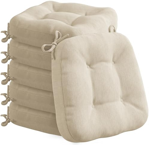 Codi Stuhlkissen 40 x 40 cm, 6er-Set, 8 cm dick, Sitzkissen Outdoor, Beige | Memory Foam für Sitzkomfort, wasserabweisender Bezug, rutschfester Halt mit Bindebändern, ideal für Gartenstühle und Balkon