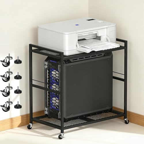 UOMIO 2-Tier Printer Stand on Wheels Black Computer Tower Stand with Storage Shelves, Heavy Duty Metal Under Desk Printer Stand Pinter Shelf for Home Office