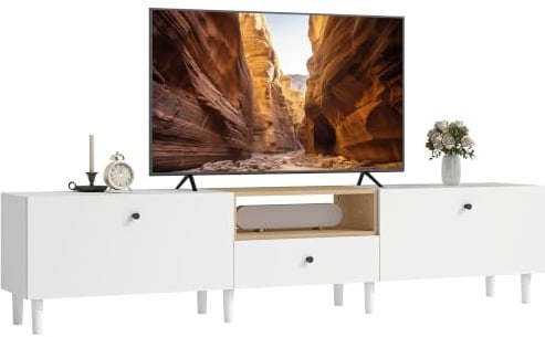 HOMCOM TV Schrank 200 cm für Fernseher bis zu 90 Zoll mit Schublade Weiß | TV Board, Lowboard, 2 Klapptüren, Soft-Close-Scharnieren, Fernsehtisch, für Wohnzimmer