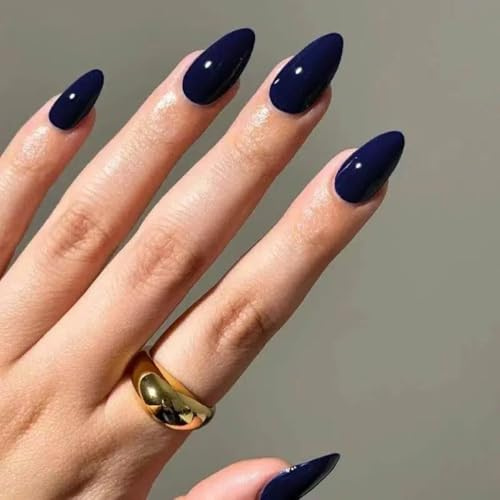 Xonojun 24 Pcs Faux Ongles Bleu Uni, Forme Amande Courte, Coffret Manucure avec Colle Pose Rapide, Manucure Élégante et Festive, Cadeau Beauté Idéal pour Femmes