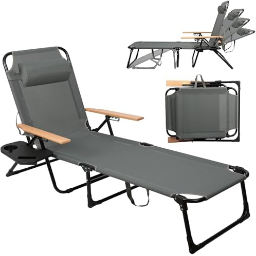 Sonnenliege, Gartenliege Liegestuhl mit Kopfkissen, Klappbar Sonnenliege, Verstellbare Rücken- und Beinauflagen, Strandliege für Balkon, Terrasse, Camping, Beach (Grau)