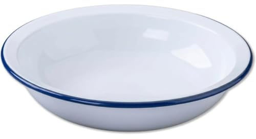 Enamel Round Pie Dish with Blue Rim Oven Safe Baking Dish, Deep Enamel Pie Plate for Baking, Roasting & Serving, Heavy Gauge Steel Enamelware, Retro Kitchen Cookware (24cm – Extra Large Pie Dish)