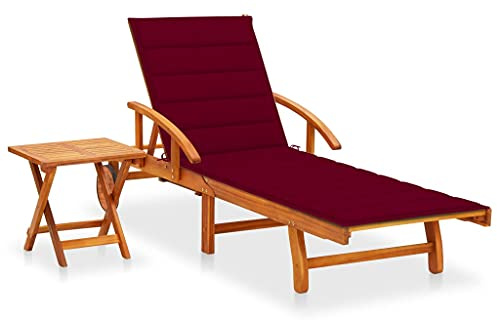FWIKDUN Verstellbare Relaxliege für Terrasse aus Akazienholz mit Auflage, Sonnenliege mit integriertem Ablagetisch, Gartenliege mit ausziehbarem Tisch und klappbarem Beistelltisch