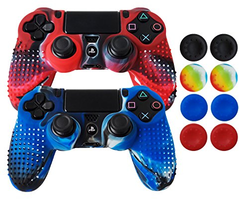 Hikfly Anti-Rutsch-besetzte Gummi Öl Silikon Controller Abdeckung mit 8pcs Daumen Griffe Kappen Kit für Sony PS4 / Slim / Pro Controller(Rot Blau Tarnung)